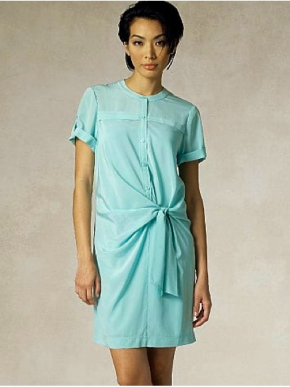 DKNY Mint Green Silk Blend Button Front Tie Shirt Dress